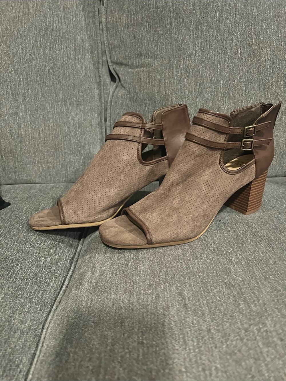 New York Transit Taupe Open-Toe Block Heel Sandals